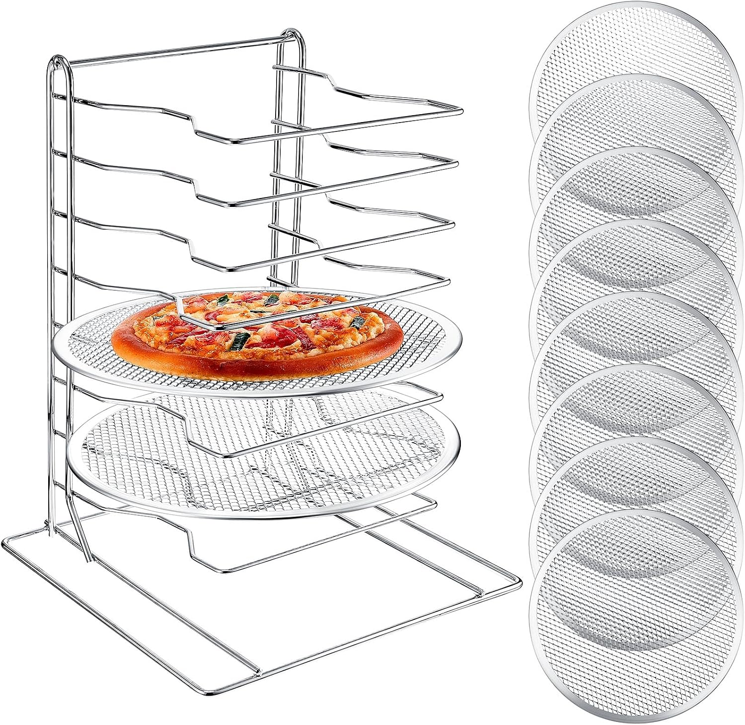 Kitchen Gadgets Hacks - ピザラック 8段スタンド、穴あきアルミ製ベーキングパン8枚付き、業務用ピザ陳列棚、家庭用・レストラン・キッチン用カウンタートップ冷却ラックセット、12インチ