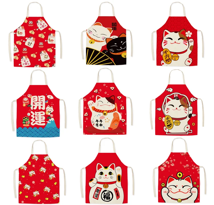 Kitchen Gadgets Japanese - 女性と子供のための日本のラッキーキャットキッチンエプロン、調理用の調理用エプロン、ベーキング用のリネンエプロン、コーヒーショップアクセサリー、かわいい