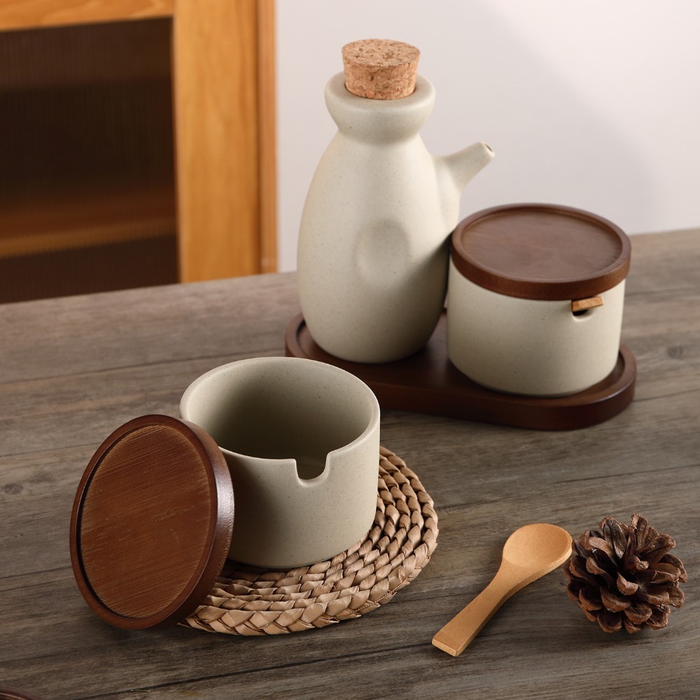 Kitchen Gadgets Japanese - キッチンガジェット和風セラミック調味料入れ蓋付きスプーントレイ付き円筒形スパイスジャー ヴィンテージスパイスキャニスター キッチン用品